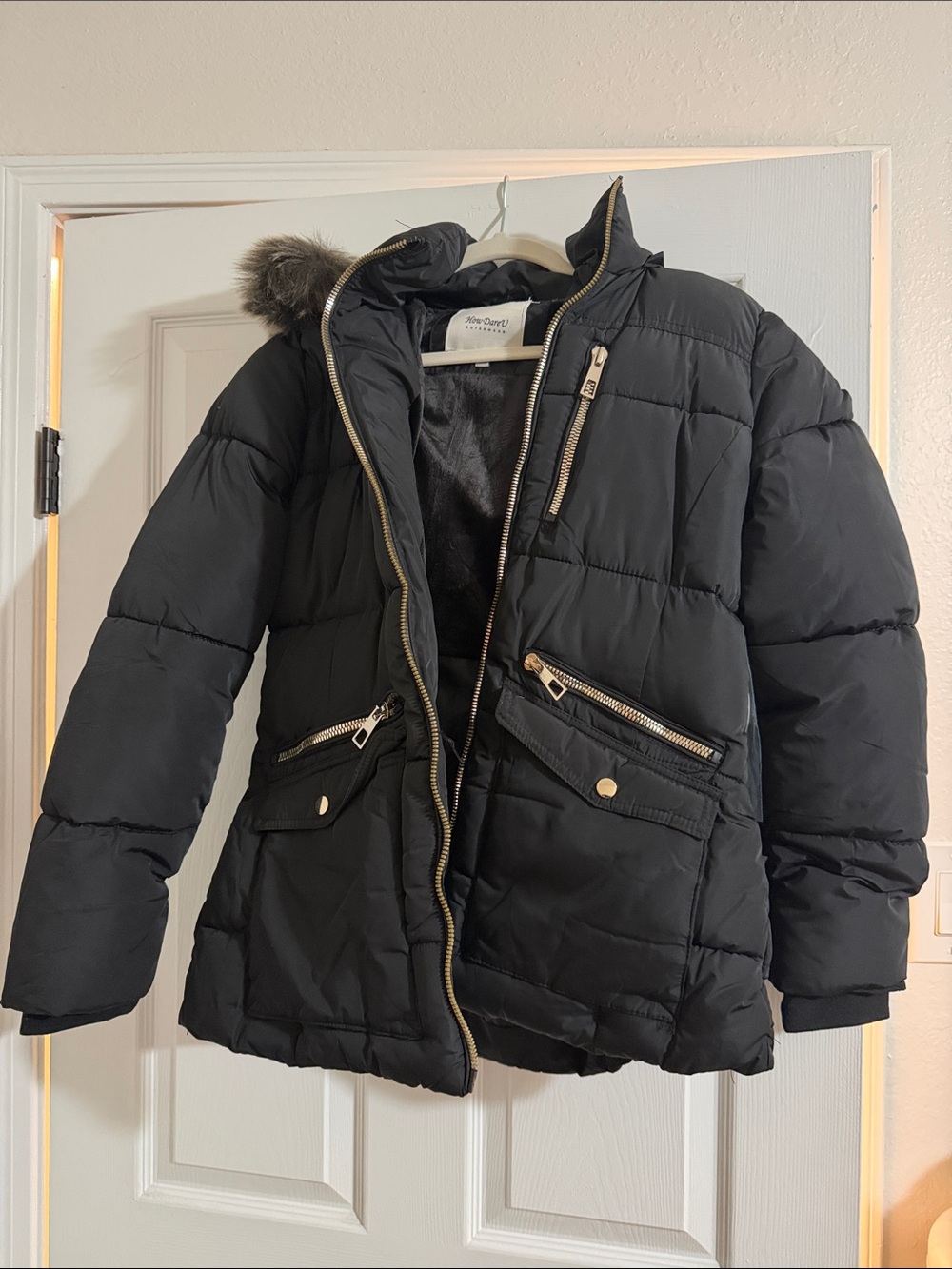 Black Puffer Jacket with Faux Fur-Trim Hood